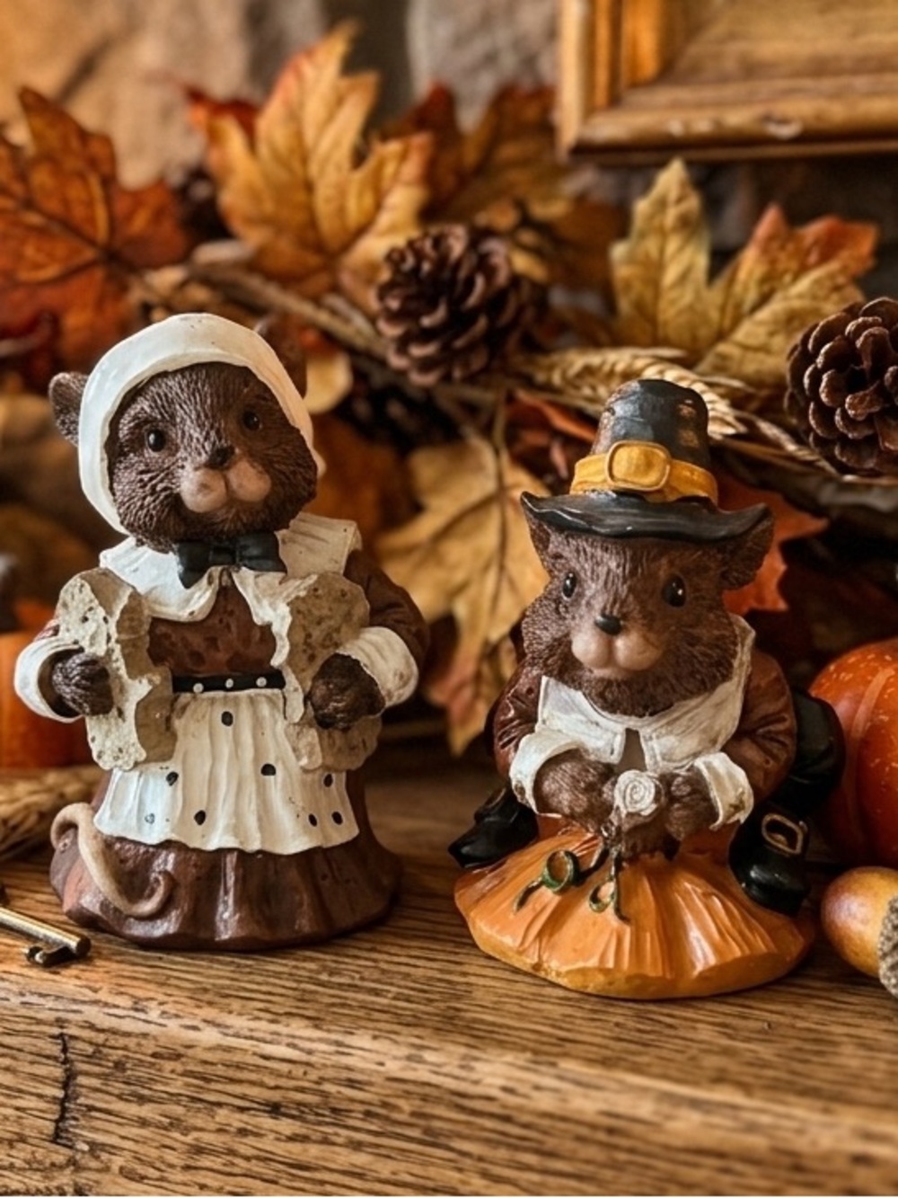 Vintage Whimsical Thanksgiving Fall Decor Pilgrim Mouse Figurines